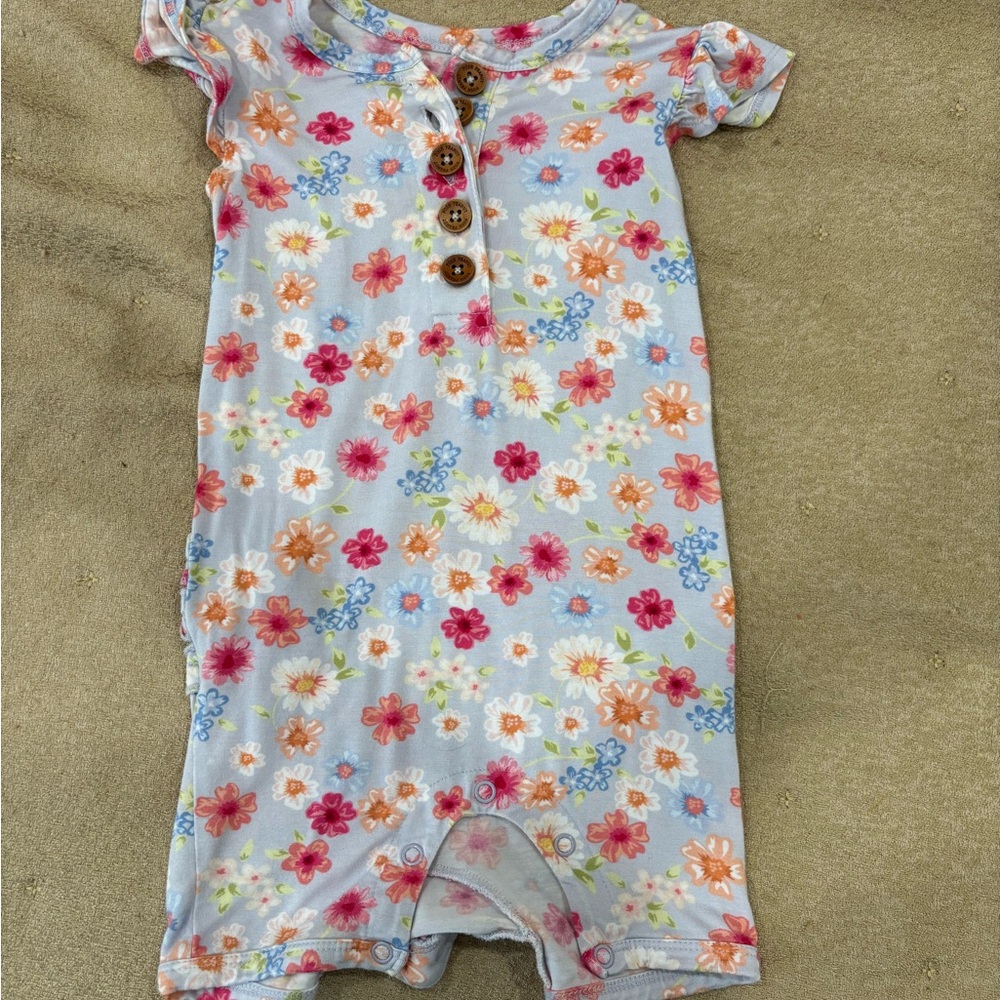 Posh Peanut Light Blue Floral Baby Romper with Wooden Buttons